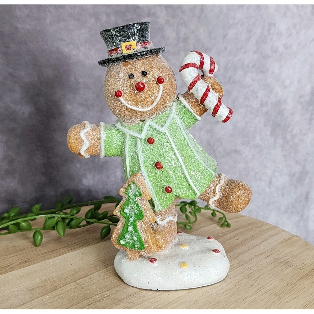 Gingerbread Man Boy Figurine Resin Christmas Candy Cane Tree Tabletop Decor 6"
